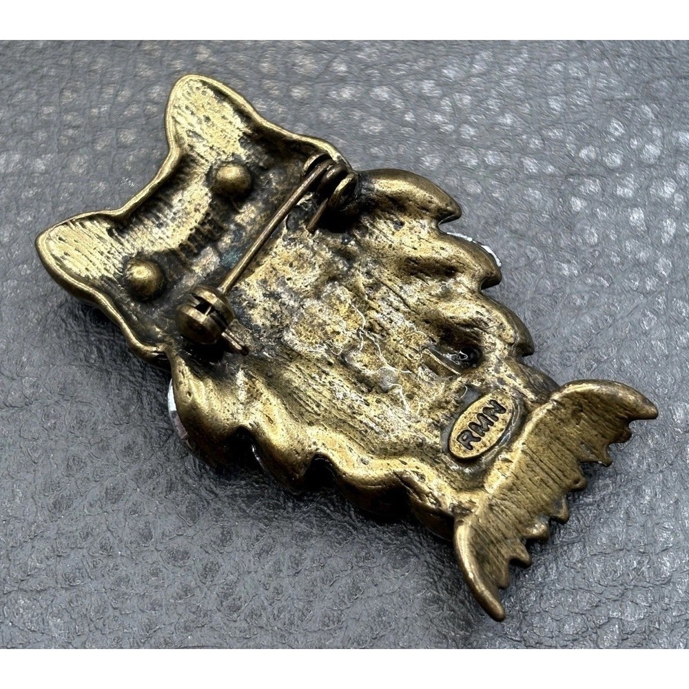 Vintage Roman Owl Brooch Multicolor Rhinestone Pin Brass Tone - Picture 5 of 8